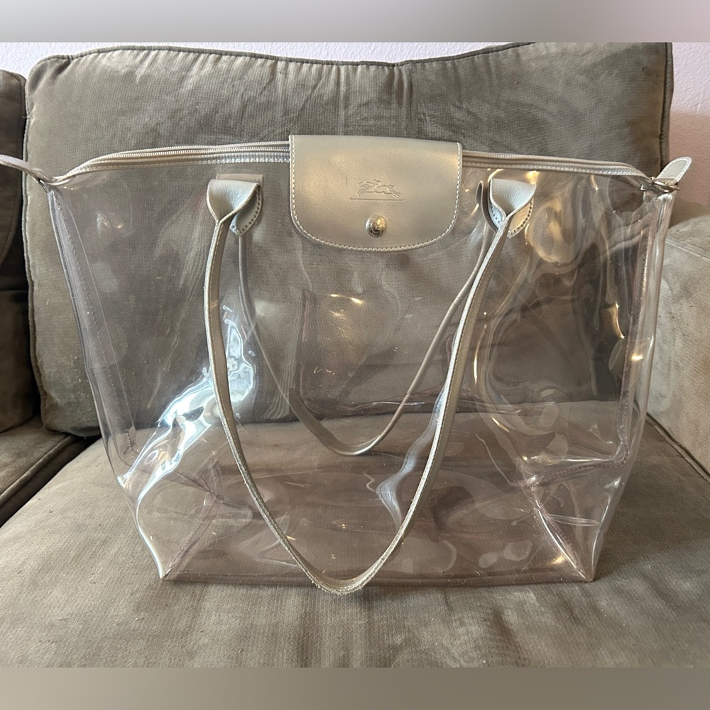 LONGCHAMP RARE Le Pliage Transparent Vinyl XL Tote Bag Silver Leather Ltd Ed. - Picture 2 of 16